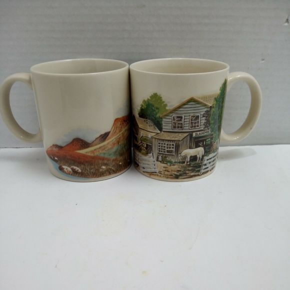 2 Vintage Otagiri Japan Gibson Greeting Cards Western Scenes Coffee Mugs Horse